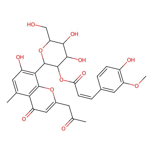 2D Structure of [4,5-Dihydroxy-6-(hydroxymethyl)-2-[7-hydroxy-5-methyl-4-oxo-2-(2-oxopropyl)chromen-8-yl]oxan-3-yl] 3-(4-hydroxy-3-methoxyphenyl)prop-2-enoate