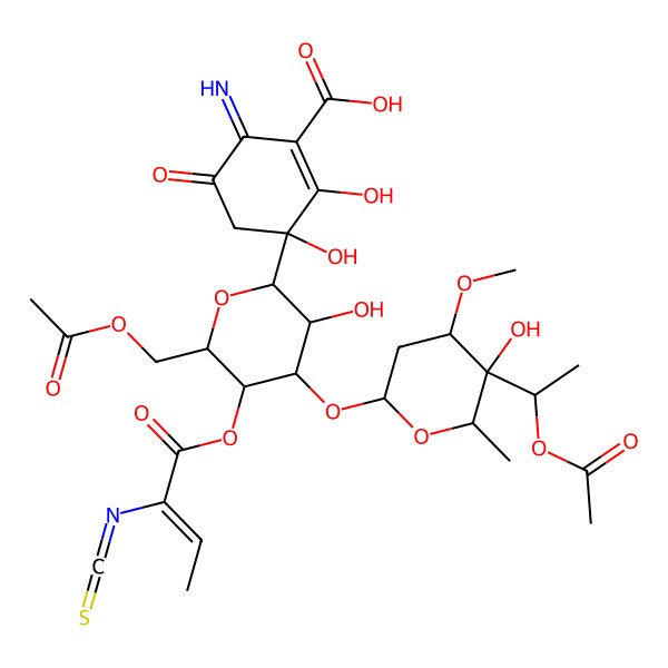 2D Structure of 3-[4-[5-(1-Acetyloxyethyl)-5-hydroxy-4-methoxy-6-methyloxan-2-yl]oxy-6-(acetyloxymethyl)-3-hydroxy-5-(2-isothiocyanatobut-2-enoyloxy)oxan-2-yl]-2,3-dihydroxy-6-imino-5-oxocyclohexene-1-carboxylic acid
