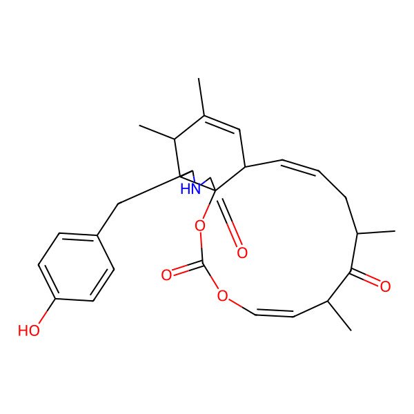 2D Structure of 18-[(4-Hydroxyphenyl)methyl]-7,9,15,16-tetramethyl-2,4-dioxa-19-azatricyclo[11.7.0.01,17]icosa-5,11,14-triene-3,8,20-trione