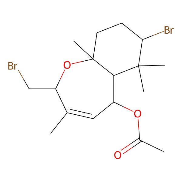 2D Structure of [(2R,7S,9aS)-7-bromo-2-(bromomethyl)-3,6,6,9a-tetramethyl-2,5,5a,7,8,9-hexahydro-1-benzoxepin-5-yl] acetate
