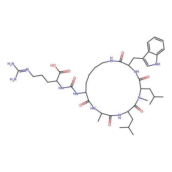 2D Structure of (2S)-5-(diaminomethylideneamino)-2-[[(3S,6S,9S,12S,15R)-3-(1H-indol-3-ylmethyl)-7,12-dimethyl-6,9-bis(2-methylpropyl)-2,5,8,11,14-pentaoxo-1,4,7,10,13-pentazacyclononadec-15-yl]carbamoylamino]pentanoic acid