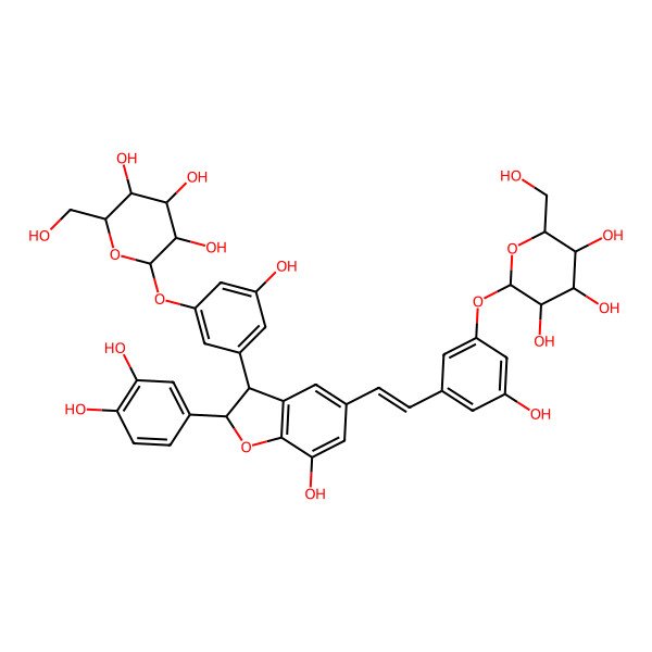 2D Structure of (2S,3R,4S,5S,6R)-2-[3-[(E)-2-[(2S,3S)-2-(3,4-dihydroxyphenyl)-7-hydroxy-3-[3-hydroxy-5-[(2S,3R,4S,5S,6R)-3,4,5-trihydroxy-6-(hydroxymethyl)oxan-2-yl]oxyphenyl]-2,3-dihydro-1-benzofuran-5-yl]ethenyl]-5-hydroxyphenoxy]-6-(hydroxymethyl)oxane-3,4,5-triol