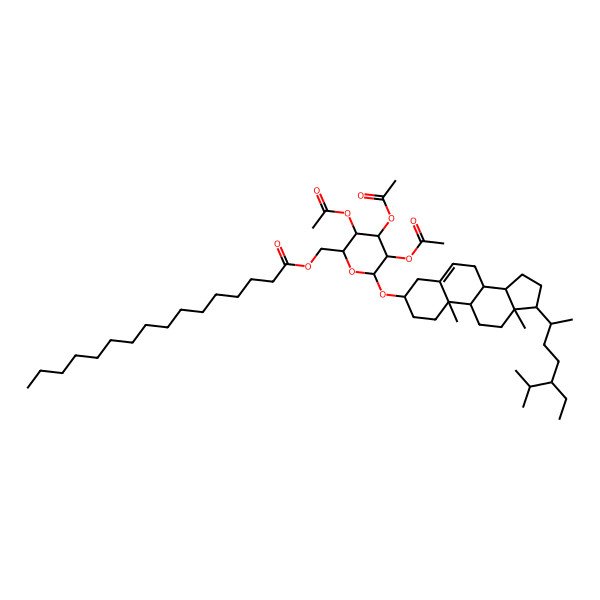 2D Structure of [(2S,3S,4R,5S,6S)-3,4,5-triacetyloxy-6-[[(3S,8R,9S,10R,13R,14R,17S)-17-[(2R,5S)-5-ethyl-6-methylheptan-2-yl]-10,13-dimethyl-2,3,4,7,8,9,11,12,14,15,16,17-dodecahydro-1H-cyclopenta[a]phenanthren-3-yl]oxy]oxan-2-yl]methyl hexadecanoate