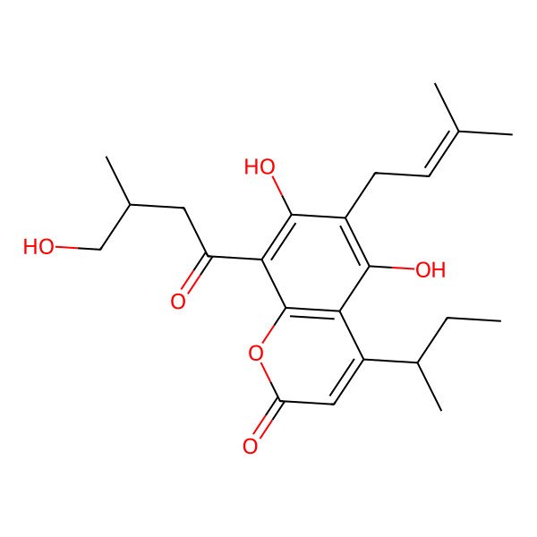 2D Structure of 4-[(2R)-butan-2-yl]-5,7-dihydroxy-8-[(3S)-4-hydroxy-3-methylbutanoyl]-6-(3-methylbut-2-enyl)chromen-2-one