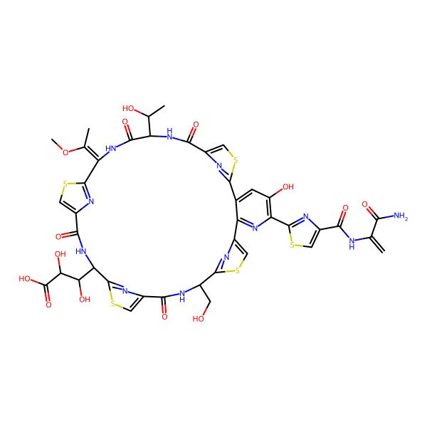 2D Structure of (2R,3S)-3-[(12R,19R,26E,29S)-5-[4-[(3-amino-3-oxoprop-1-en-2-yl)carbamoyl]-1,3-thiazol-2-yl]-4-hydroxy-29-[(1S)-1-hydroxyethyl]-12-(hydroxymethyl)-26-(1-methoxyethylidene)-14,21,28,31-tetraoxo-10,17,24,34-tetrathia-6,13,20,27,30,35,36,37,38-nonazahexacyclo[30.2.1.18,11.115,18.122,25.02,7]octatriaconta-1(35),2,4,6,8,11(38),15,18(37),22,25(36),32-undecaen-19-yl]-2,3-dihydroxypropanoic acid