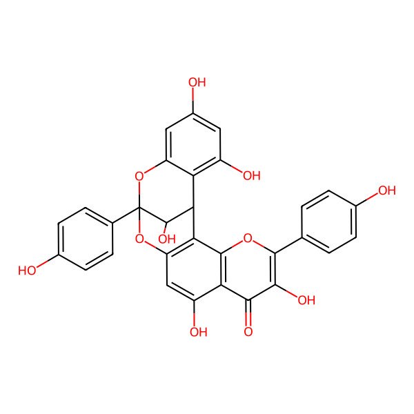 2D Structure of 6,9,17,19,21-Pentahydroxy-5,13-bis(4-hydroxyphenyl)-4,12,14-trioxapentacyclo[11.7.1.02,11.03,8.015,20]henicosa-2(11),3(8),5,9,15,17,19-heptaen-7-one