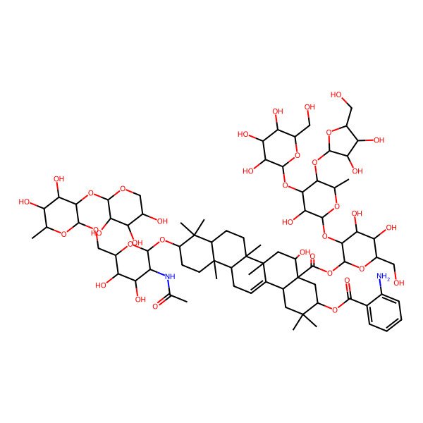 2D Structure of [(2S,3R,4S,5R,6R)-3-[(2S,3R,4R,5S,6S)-5-[(2S,3R,4R,5S)-3,4-dihydroxy-5-(hydroxymethyl)oxolan-2-yl]oxy-3-hydroxy-6-methyl-4-[(2S,3R,4S,5R,6R)-3,4,5-trihydroxy-6-(hydroxymethyl)oxan-2-yl]oxyoxan-2-yl]oxy-4,5-dihydroxy-6-(hydroxymethyl)oxan-2-yl] (3S,4aR,5R,6aR,6aS,6bR,8aR,10S,12aR,14bS)-10-[(2R,3R,4R,5S,6R)-3-acetamido-6-[[(2R,3R,4S,5R,6R)-4,5-dihydroxy-6-methyl-3-[(2S,3R,4S,5R)-3,4,5-trihydroxyoxan-2-yl]oxyoxan-2-yl]oxymethyl]-4,5-dihydroxyoxan-2-yl]oxy-3-(2-aminobenzoyl)oxy-5-hydroxy-2,2,6a,6b,9,9,12a-heptamethyl-1,3,4,5,6,6a,7,8,8a,10,11,12,13,14b-tetradecahydropicene-4a-carboxylate