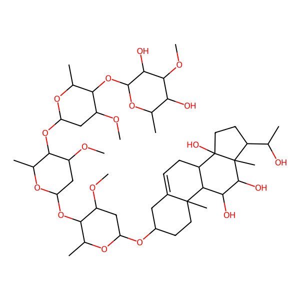 2D Structure of (3R,8S,9S,10R,11S,12S,13S,14R,17R)-3-[(2R,4S,5R,6R)-5-[(2S,4S,5R,6R)-5-[(2S,4R,5R,6R)-5-[(2S,3R,4R,5R,6R)-3,5-dihydroxy-4-methoxy-6-methyloxan-2-yl]oxy-4-methoxy-6-methyloxan-2-yl]oxy-4-methoxy-6-methyloxan-2-yl]oxy-4-methoxy-6-methyloxan-2-yl]oxy-17-[(1R)-1-hydroxyethyl]-10,13-dimethyl-1,2,3,4,7,8,9,11,12,15,16,17-dodecahydrocyclopenta[a]phenanthrene-11,12,14-triol