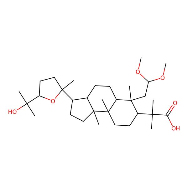 2D Structure of 2-[(3S,3aR,5aR,6R,7R,9aR,9bR)-6-(2,2-dimethoxyethyl)-3-[(2R,5S)-5-(2-hydroxypropan-2-yl)-2-methyloxolan-2-yl]-6,9a,9b-trimethyl-1,2,3,3a,4,5,5a,7,8,9-decahydrocyclopenta[a]naphthalen-7-yl]-2-methylpropanoic acid