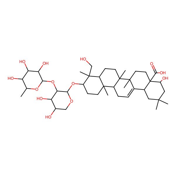 2D Structure of (4S,4aS,6aR,6aS,6bR,8aR,9R,10S,12aR,14bS)-10-[(2S,3R,4S,5S)-4,5-dihydroxy-3-[(2S,3R,4R,5R,6S)-3,4,5-trihydroxy-6-methyloxan-2-yl]oxyoxan-2-yl]oxy-4-hydroxy-9-(hydroxymethyl)-2,2,6a,6b,9,12a-hexamethyl-1,3,4,5,6,6a,7,8,8a,10,11,12,13,14b-tetradecahydropicene-4a-carboxylic acid