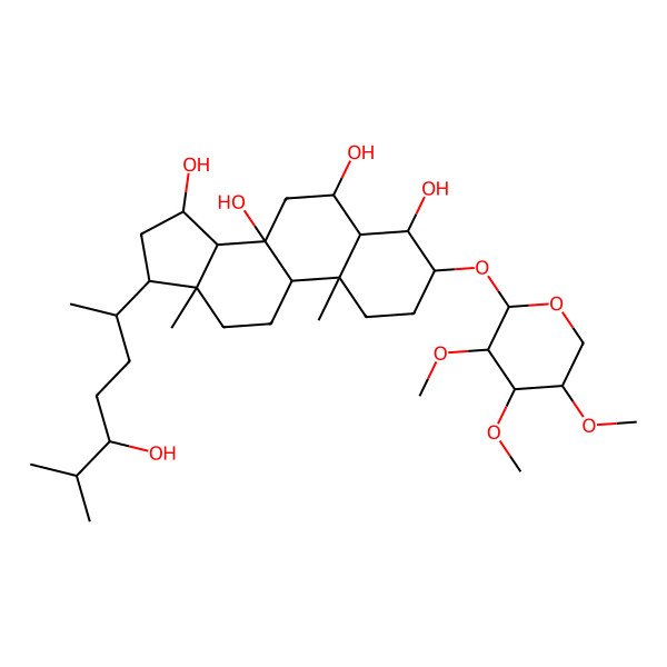 2D Structure of (3S,4R,5S,6R,8S,9R,10S,13R,14S,15R,17R)-17-[(2R,5S)-5-hydroxy-6-methylheptan-2-yl]-10,13-dimethyl-3-[(2S,3R,4S,5R)-3,4,5-trimethoxyoxan-2-yl]oxy-1,2,3,4,5,6,7,9,11,12,14,15,16,17-tetradecahydrocyclopenta[a]phenanthrene-4,6,8,15-tetrol