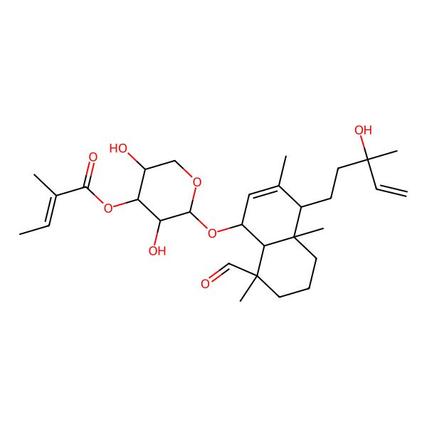 2D Structure of [2-[[8-Formyl-4-(3-hydroxy-3-methylpent-4-enyl)-3,4a,8-trimethyl-1,4,5,6,7,8a-hexahydronaphthalen-1-yl]oxy]-3,5-dihydroxyoxan-4-yl] 2-methylbut-2-enoate