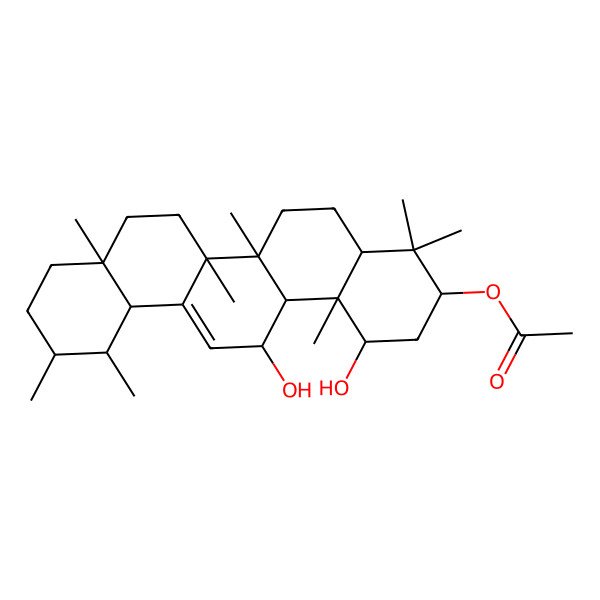 2D Structure of [(1R,3S,4aS,6aR,6bS,8aR,11R,12S,12aR,14R,14aS,14bS)-1,14-dihydroxy-4,4,6a,6b,8a,11,12,14b-octamethyl-2,3,4a,5,6,7,8,9,10,11,12,12a,14,14a-tetradecahydro-1H-picen-3-yl] acetate