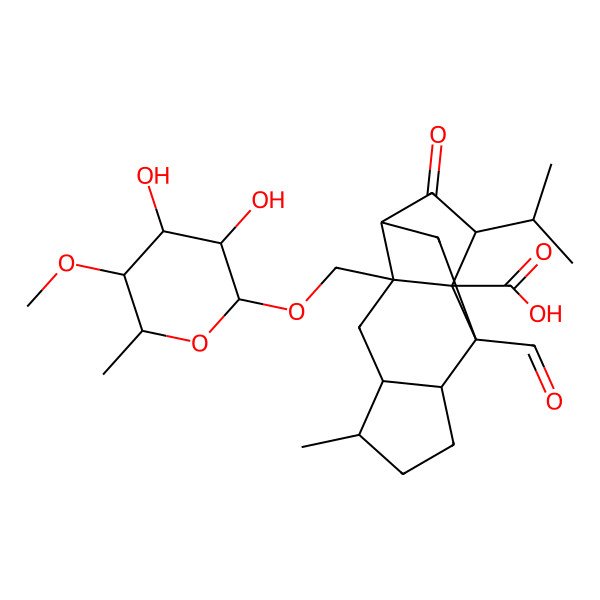 2D Structure of (1R,2S,4R,5R,8R,9S,11S)-2-[[(2R,3S,4S,5S,6R)-3,4-dihydroxy-5-methoxy-6-methyloxan-2-yl]oxymethyl]-9-formyl-5-methyl-12-oxo-13-propan-2-yltetracyclo[7.4.0.02,11.04,8]tridecane-1-carboxylic acid