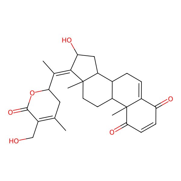 2D Structure of 16-Hydroxy-17-[1-[5-(hydroxymethyl)-4-methyl-6-oxo-2,3-dihydropyran-2-yl]ethylidene]-10,13-dimethyl-7,8,9,11,12,14,15,16-octahydrocyclopenta[a]phenanthrene-1,4-dione