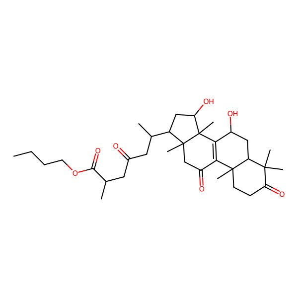 2D Structure of butyl (2R,6R)-6-[(5R,7S,10S,13R,14R,15S,17R)-7,15-dihydroxy-4,4,10,13,14-pentamethyl-3,11-dioxo-2,5,6,7,12,15,16,17-octahydro-1H-cyclopenta[a]phenanthren-17-yl]-2-methyl-4-oxoheptanoate