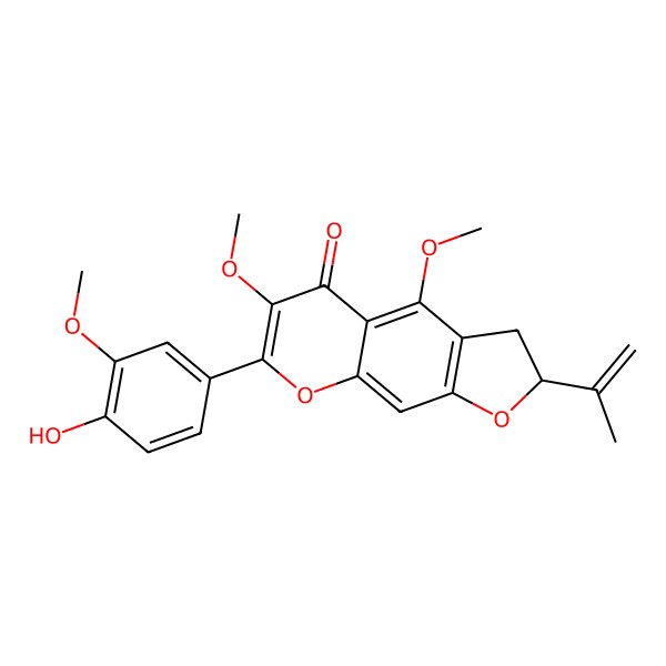 2D Structure of (2S)-7-(4-hydroxy-3-methoxyphenyl)-4,6-dimethoxy-2-prop-1-en-2-yl-2,3-dihydrofuro[3,2-g]chromen-5-one