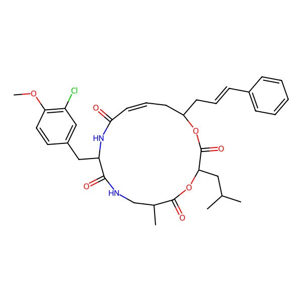 2D Structure of 10-[(3-Chloro-4-methoxyphenyl)methyl]-6-methyl-3-(2-methylpropyl)-16-(3-phenylprop-2-enyl)-1,4-dioxa-8,11-diazacyclohexadec-13-ene-2,5,9,12-tetrone