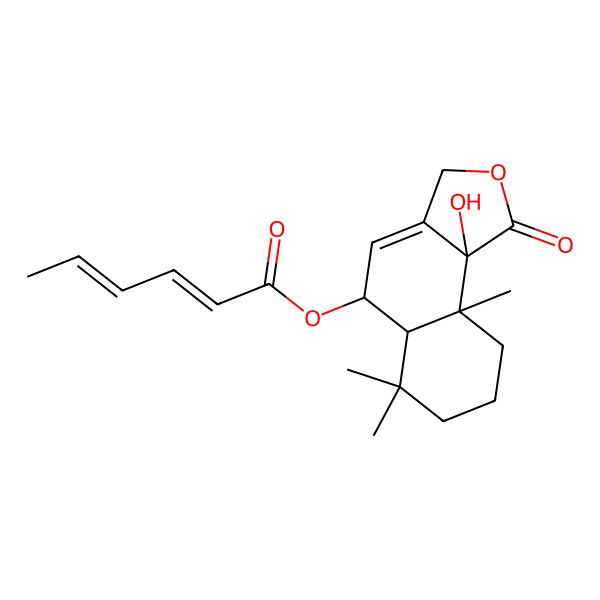 2D Structure of (2E,4E)-2,4-Hexadienoic acid (1-oxo-6,6,9abeta-trimethyl-9balpha-hydroxy-1,3,5,5aalpha,6,7,8,9,9a,9b-decahydronaphtho[1,2-c]furan)-5beta-yl ester
