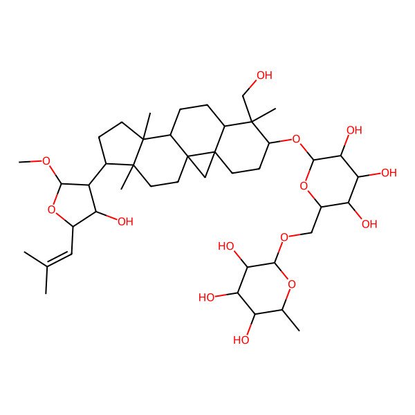 2D Structure of (2S,3R,4R,5R,6R)-2-methyl-6-[[(2R,3S,4S,5R,6R)-3,4,5-trihydroxy-6-[[(1S,3R,6S,7S,8R,11R,12S,15R,16R)-15-[(2S,3S,4S,5R)-4-hydroxy-2-methoxy-5-(2-methylprop-1-enyl)oxolan-3-yl]-7-(hydroxymethyl)-7,12,16-trimethyl-6-pentacyclo[9.7.0.01,3.03,8.012,16]octadecanyl]oxy]oxan-2-yl]methoxy]oxane-3,4,5-triol