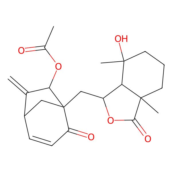 2D Structure of [(1S,5R,6R)-5-[[(1R,3aR,7R,7aS)-7-hydroxy-3a,7-dimethyl-3-oxo-4,5,6,7a-tetrahydro-1H-2-benzofuran-1-yl]methyl]-7-methylidene-4-oxo-6-bicyclo[3.2.1]oct-2-enyl] acetate