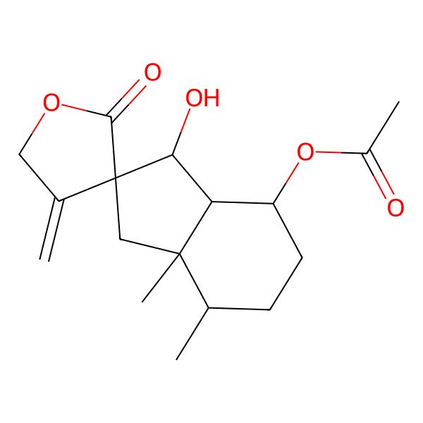 2D Structure of (3-hydroxy-7,7a-dimethyl-4'-methylidene-2'-oxospiro[3,3a,4,5,6,7-hexahydro-1H-indene-2,3'-oxolane]-4-yl) acetate