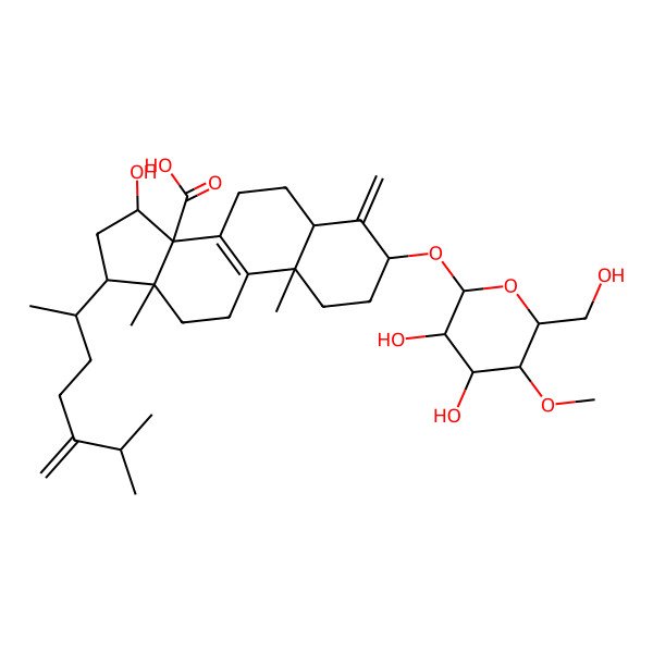 2D Structure of (3S,5R,10S,13R,14S,15R,17R)-3-[(2R,3R,4R,5S,6S)-3,4-dihydroxy-6-(hydroxymethyl)-5-methoxyoxan-2-yl]oxy-15-hydroxy-10,13-dimethyl-4-methylidene-17-[(2R)-6-methyl-5-methylideneheptan-2-yl]-2,3,5,6,7,11,12,15,16,17-decahydro-1H-cyclopenta[a]phenanthrene-14-carboxylic acid
