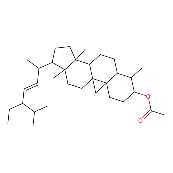 2D Structure of [(1R,3R,6S,7S,8R,11R,12S,15R,16R)-15-[(E,2R,5S)-5-ethyl-6-methylhept-3-en-2-yl]-7,12,16-trimethyl-6-pentacyclo[9.7.0.01,3.03,8.012,16]octadecanyl] acetate