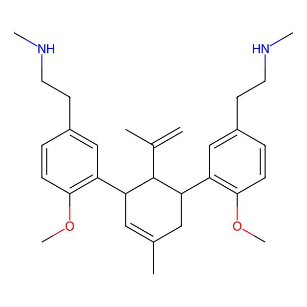 2D Structure of 2-[4-methoxy-3-[(1R,5R,6S)-5-[2-methoxy-5-[2-(methylamino)ethyl]phenyl]-3-methyl-6-prop-1-en-2-ylcyclohex-3-en-1-yl]phenyl]-N-methylethanamine