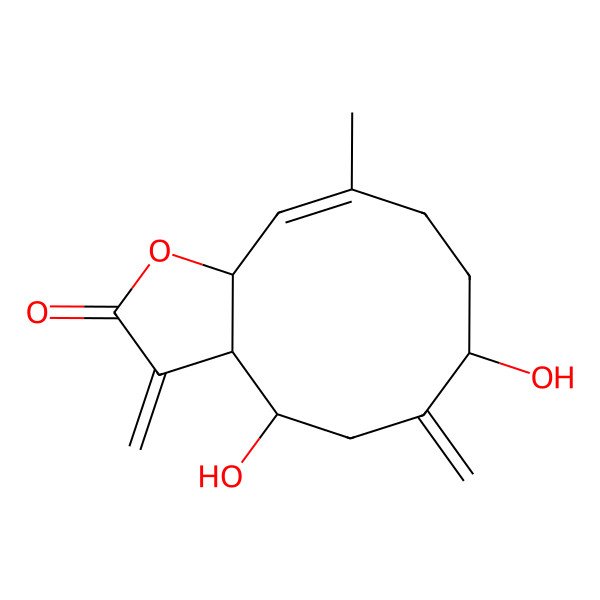 2D Structure of (3aR,4S,7R,10E,11aR)-4,7-dihydroxy-10-methyl-3,6-dimethylidene-4,5,7,8,9,11a-hexahydro-3aH-cyclodeca[b]furan-2-one