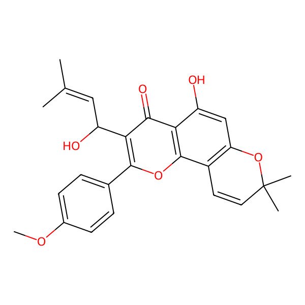 2D Structure of 5-hydroxy-3-[(1R)-1-hydroxy-3-methylbut-2-enyl]-2-(4-methoxyphenyl)-8,8-dimethylpyrano[2,3-h]chromen-4-one