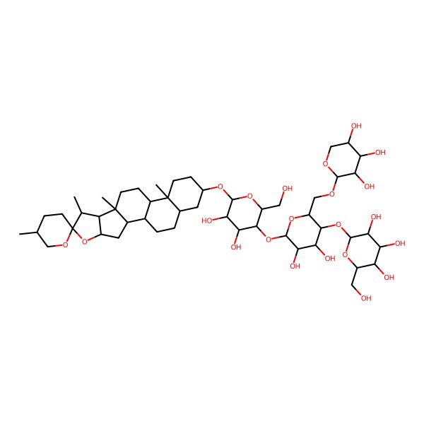 2D Structure of (2S,3R,4S,5R,6R)-2-[(2R,3S,4R,5R,6S)-6-[(2R,3S,4R,5R,6R)-4,5-dihydroxy-2-(hydroxymethyl)-6-[(1R,2S,4S,5'S,6R,7S,8R,9S,12S,13S,16S,18R)-5',7,9,13-tetramethylspiro[5-oxapentacyclo[10.8.0.02,9.04,8.013,18]icosane-6,2'-oxane]-16-yl]oxyoxan-3-yl]oxy-4,5-dihydroxy-2-[[(2S,3R,4S,5R)-3,4,5-trihydroxyoxan-2-yl]oxymethyl]oxan-3-yl]oxy-6-(hydroxymethyl)oxane-3,4,5-triol