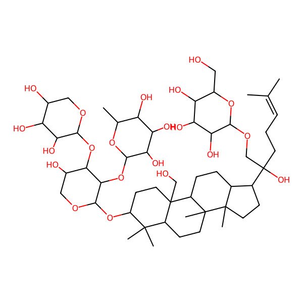 2D Structure of 2-[5-hydroxy-2-[[10-(hydroxymethyl)-17-[2-hydroxy-6-methyl-1-[3,4,5-trihydroxy-6-(hydroxymethyl)oxan-2-yl]oxyhept-5-en-2-yl]-4,4,8,14-tetramethyl-2,3,5,6,7,9,11,12,13,15,16,17-dodecahydro-1H-cyclopenta[a]phenanthren-3-yl]oxy]-4-(3,4,5-trihydroxyoxan-2-yl)oxyoxan-3-yl]oxy-6-methyloxane-3,4,5-triol