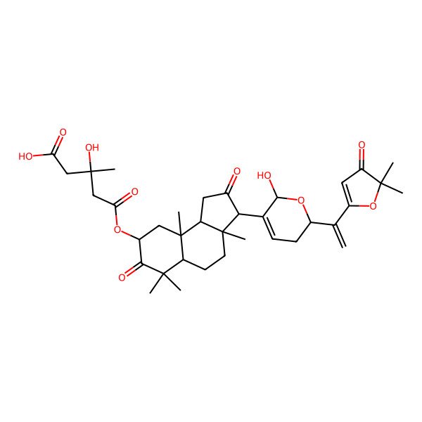 2D Structure of 5-[[3-[2-[1-(5,5-dimethyl-4-oxofuran-2-yl)ethenyl]-6-hydroxy-3,6-dihydro-2H-pyran-5-yl]-3a,6,6,9a-tetramethyl-2,7-dioxo-1,3,4,5,5a,8,9,9b-octahydrocyclopenta[a]naphthalen-8-yl]oxy]-3-hydroxy-3-methyl-5-oxopentanoic acid