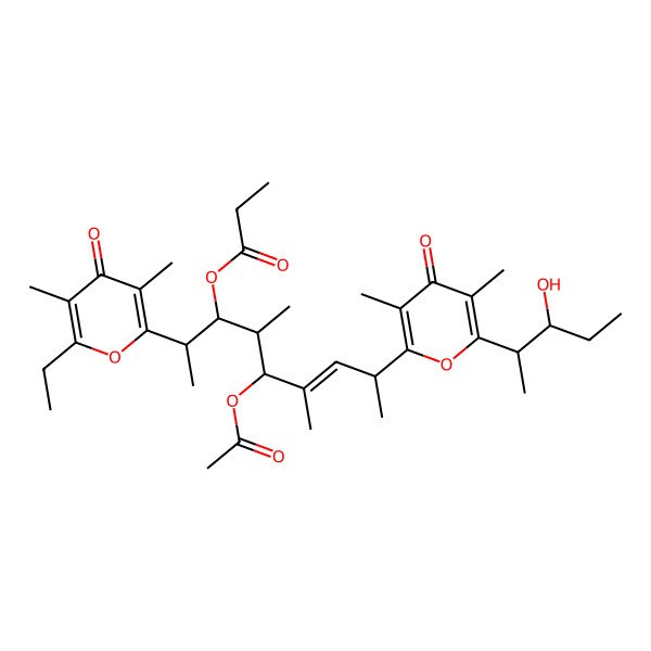 2D Structure of [(E,2R,3R,4R,5R,8S)-5-acetyloxy-2-(6-ethyl-3,5-dimethyl-4-oxopyran-2-yl)-8-[6-[(2S,3S)-3-hydroxypentan-2-yl]-3,5-dimethyl-4-oxopyran-2-yl]-4,6-dimethylnon-6-en-3-yl] propanoate