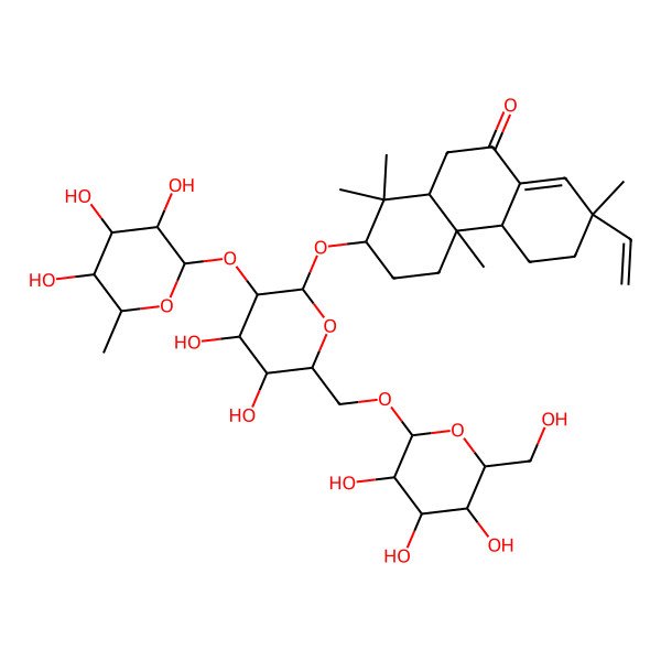 2D Structure of (2S,4aS,4bR,7R,10aR)-2-[(2R,3R,4S,5S,6R)-4,5-dihydroxy-6-[[(2R,3R,4S,5S,6R)-3,4,5-trihydroxy-6-(hydroxymethyl)oxan-2-yl]oxymethyl]-3-[(2S,3R,4R,5R,6R)-3,4,5-trihydroxy-6-methyloxan-2-yl]oxyoxan-2-yl]oxy-7-ethenyl-1,1,4a,7-tetramethyl-2,3,4,4b,5,6,10,10a-octahydrophenanthren-9-one