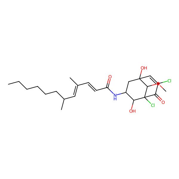 2D Structure of (2E,4E,6R)-N-[(1S,2R,3S,5S,9R)-1,7-dichloro-2,5-dihydroxy-9-methoxy-8-oxo-3-bicyclo[3.3.1]non-6-enyl]-4,6-dimethyldodeca-2,4-dienamide
