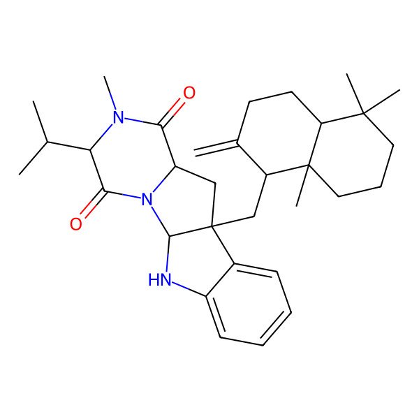 2D Structure of (1S,4S,7S)-9-[[(1S,4aS,8aS)-5,5,8a-trimethyl-2-methylidene-3,4,4a,6,7,8-hexahydro-1H-naphthalen-1-yl]methyl]-5-methyl-4-propan-2-yl-2,5,16-triazatetracyclo[7.7.0.02,7.010,15]hexadeca-10,12,14-triene-3,6-dione