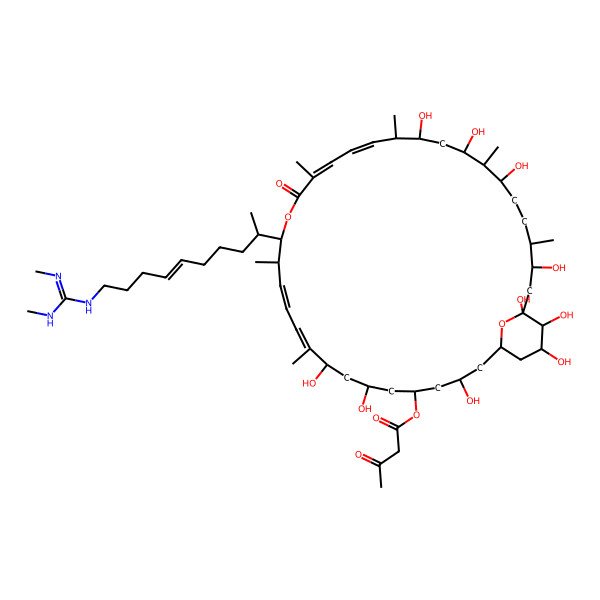 2D Structure of [(1S,3R,5R,7S,9S,10E,12E,14R,15S,18Z,20E,22S,23S,25S,26S,27R,30S,31S,33R,34S,35R)-15-[(E,2S)-10-[(N,N'-dimethylcarbamimidoyl)amino]dec-6-en-2-yl]-3,7,9,23,25,27,31,33,34,35-decahydroxy-10,14,18,22,26,30-hexamethyl-17-oxo-16,37-dioxabicyclo[31.3.1]heptatriaconta-10,12,18,20-tetraen-5-yl] 3-oxobutanoate