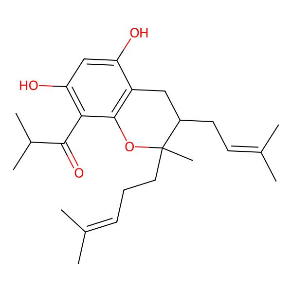 2D Structure of 1-[5,7-Dihydroxy-2-methyl-3-(3-methylbut-2-enyl)-2-(4-methylpent-3-enyl)-3,4-dihydrochromen-8-yl]-2-methylpropan-1-one