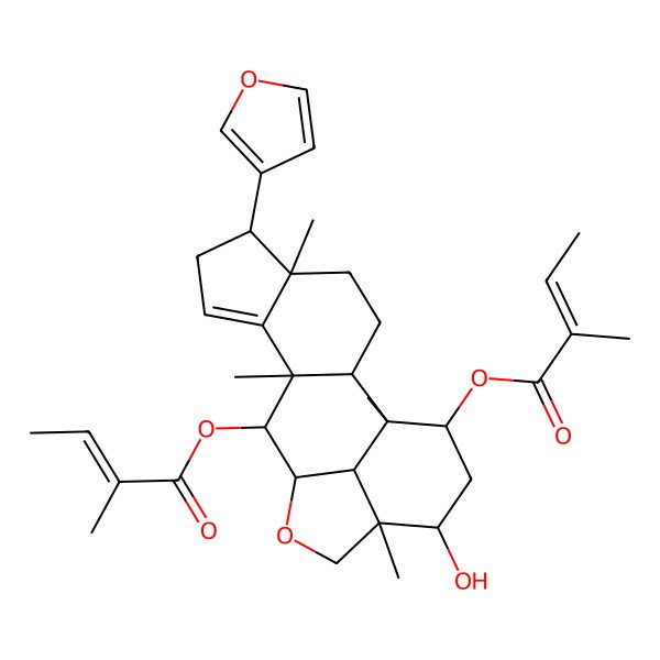 2D Structure of [6-(Furan-3-yl)-16-hydroxy-1,5,10,15-tetramethyl-11-(2-methylbut-2-enoyloxy)-13-oxapentacyclo[10.6.1.02,10.05,9.015,19]nonadec-8-en-18-yl] 2-methylbut-2-enoate