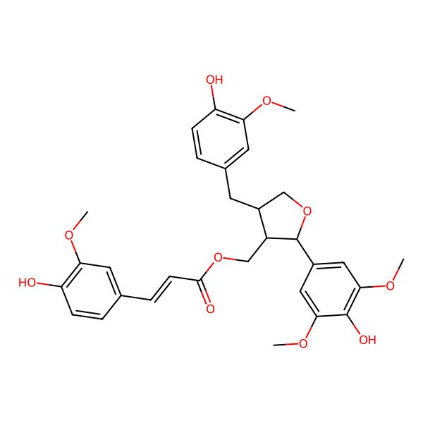 2D Structure of [(2S,3R,4R)-2-(4-hydroxy-3,5-dimethoxyphenyl)-4-[(4-hydroxy-3-methoxyphenyl)methyl]oxolan-3-yl]methyl (E)-3-(4-hydroxy-3-methoxyphenyl)prop-2-enoate