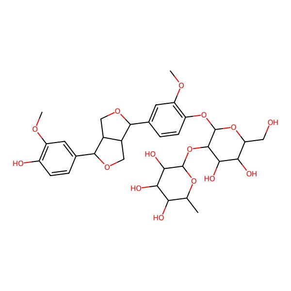 2D Structure of 2-[4,5-Dihydroxy-2-[4-[3-(4-hydroxy-3-methoxyphenyl)-1,3,3a,4,6,6a-hexahydrofuro[3,4-c]furan-6-yl]-2-methoxyphenoxy]-6-(hydroxymethyl)oxan-3-yl]oxy-6-methyloxane-3,4,5-triol