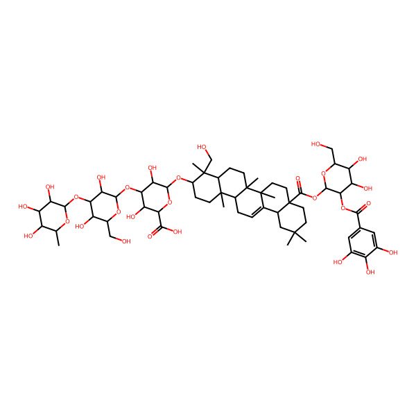 2D Structure of (2S,3S,4S,5R,6R)-6-[[(3S,4R,4aR,6aR,6bS,8aS,12aS,14aR,14bR)-8a-[(2S,3R,4S,5S,6R)-4,5-dihydroxy-6-(hydroxymethyl)-3-(3,4,5-trihydroxybenzoyl)oxyoxan-2-yl]oxycarbonyl-4-(hydroxymethyl)-4,6a,6b,11,11,14b-hexamethyl-1,2,3,4a,5,6,7,8,9,10,12,12a,14,14a-tetradecahydropicen-3-yl]oxy]-4-[(2S,3R,4S,5S,6R)-3,5-dihydroxy-6-(hydroxymethyl)-4-[(2S,3R,4R,5R,6S)-3,4,5-trihydroxy-6-methyloxan-2-yl]oxyoxan-2-yl]oxy-3,5-dihydroxyoxane-2-carboxylic acid