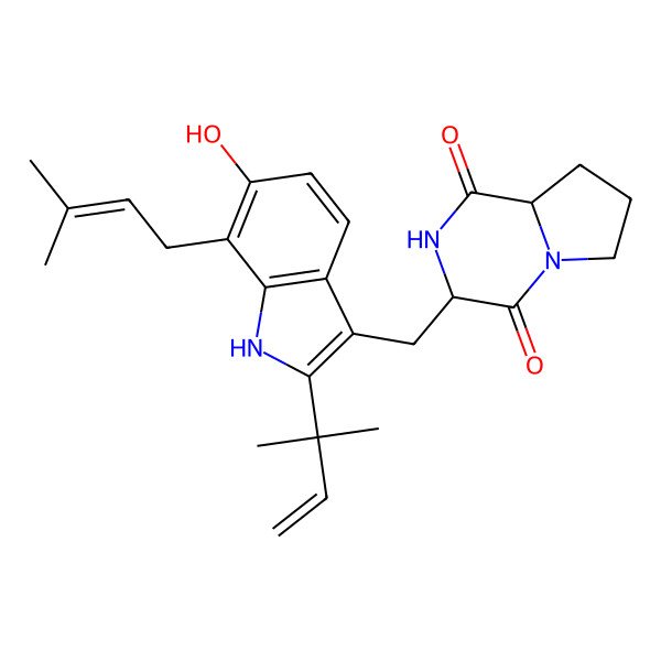 2D Structure of 3-[[6-hydroxy-2-(2-methylbut-3-en-2-yl)-7-(3-methylbut-2-enyl)-1H-indol-3-yl]methyl]-2,3,6,7,8,8a-hexahydropyrrolo[1,2-a]pyrazine-1,4-dione