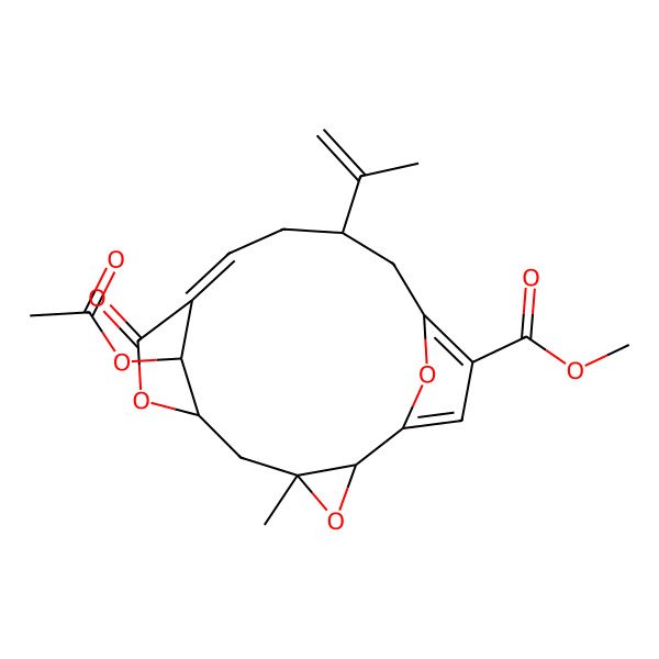2D Structure of Methyl 18-acetyloxy-4-methyl-8-oxo-12-prop-1-en-2-yl-3,7,17-trioxatetracyclo[12.2.1.16,9.02,4]octadeca-1(16),9,14-triene-15-carboxylate