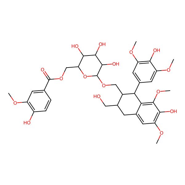 2D Structure of [(2S,3R,4R,5S,6S)-3,4,5-trihydroxy-6-[[(1S,2R,3R)-7-hydroxy-1-(4-hydroxy-3,5-dimethoxyphenyl)-3-(hydroxymethyl)-6,8-dimethoxy-1,2,3,4-tetrahydronaphthalen-2-yl]methoxy]oxan-2-yl]methyl 4-hydroxy-3-methoxybenzoate