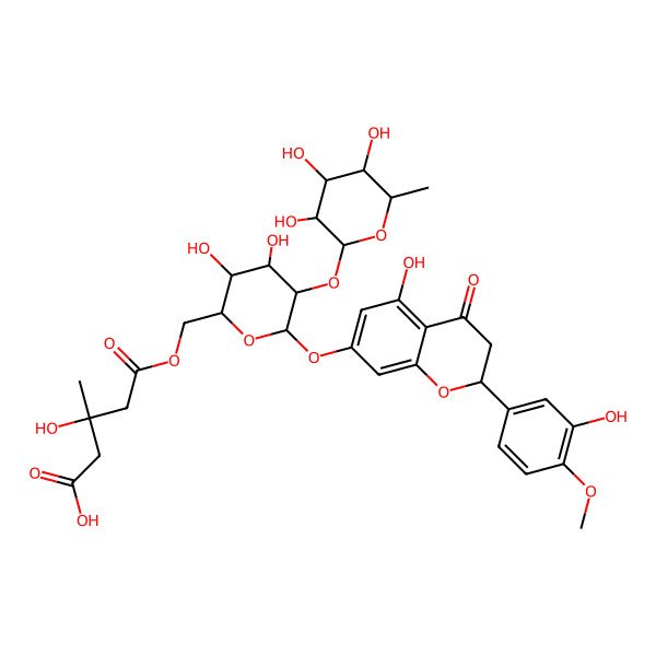 2D Structure of (3R)-5-[[(2R,3R,4S,5R,6S)-3,4-dihydroxy-6-[[(2S)-5-hydroxy-2-(3-hydroxy-4-methoxyphenyl)-4-oxo-2,3-dihydrochromen-7-yl]oxy]-5-[(2S,3R,4R,5R,6S)-3,4,5-trihydroxy-6-methyloxan-2-yl]oxyoxan-2-yl]methoxy]-3-hydroxy-3-methyl-5-oxopentanoic acid