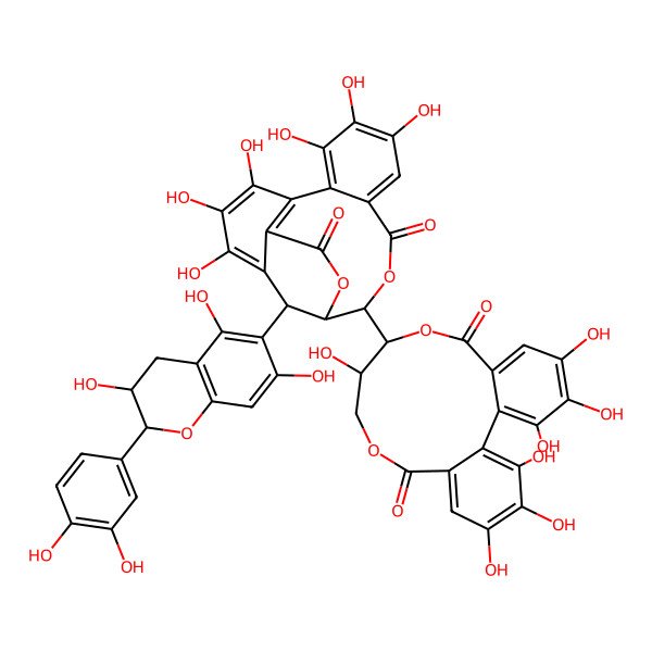 2D Structure of 19-[2-(3,4-dihydroxyphenyl)-3,5,7-trihydroxy-3,4-dihydro-2H-chromen-6-yl]-14-(3,4,5,11,17,18,19-heptahydroxy-8,14-dioxo-9,13-dioxatricyclo[13.4.0.02,7]nonadeca-1(19),2,4,6,15,17-hexaen-10-yl)-2,3,4,7,8,9-hexahydroxy-13,16-dioxatetracyclo[13.3.1.05,18.06,11]nonadeca-1,3,5(18),6,8,10-hexaene-12,17-dione