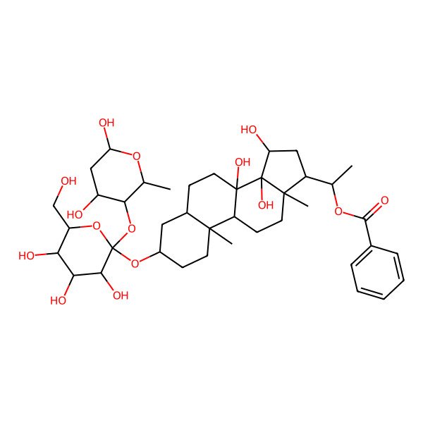2D Structure of 1-[(3S,8S,10S,13R,14S,15R,17S)-3-[(2S,4S,5S)-2-[(3S,4R,6R)-4,6-dihydroxy-2-methyloxan-3-yl]oxy-3,4,5-trihydroxy-6-(hydroxymethyl)oxan-2-yl]oxy-8,14,15-trihydroxy-10,13-dimethyl-2,3,4,5,6,7,9,11,12,15,16,17-dodecahydro-1H-cyclopenta[a]phenanthren-17-yl]ethyl benzoate
